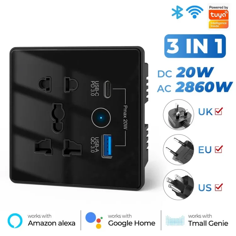 Wifi Type C and USB 5 pin Socket 10A Round Corner Black